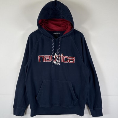 古着 ノーティカ NAUTICA パーカー プルオーバー フーディ スウェット ラグラン ビッグロゴ刺繍 M ネイビー メンズ