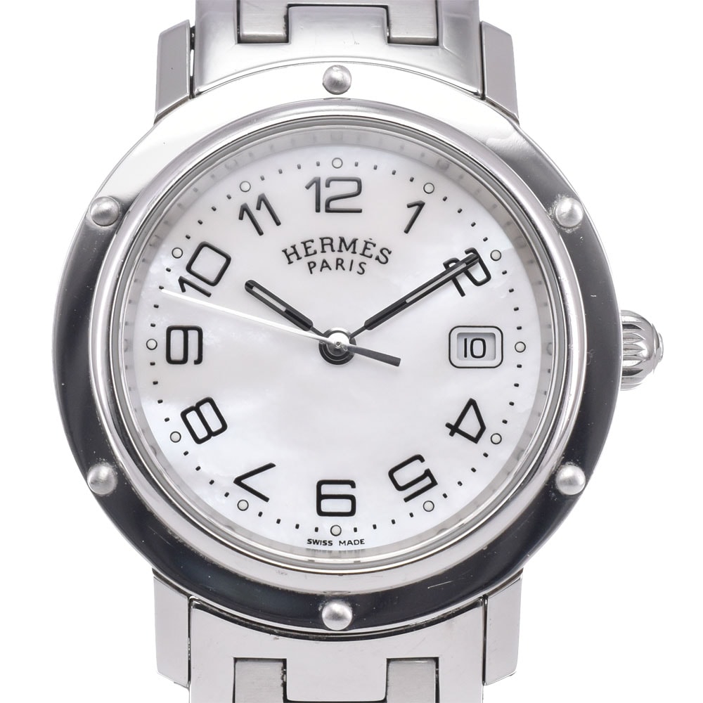 エルメス HERMES CL6.410 クリッパー デイト ホワイトシェル クォーツ メンズ 良品 腕時計 C#149642
