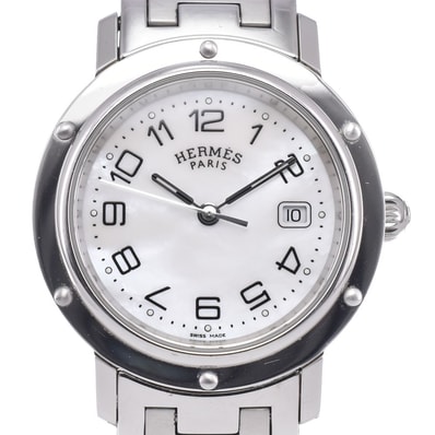 エルメス HERMES CL6.410 クリッパー デイト ホワイトシェル クォーツ メンズ 良品 腕時計 C#149642