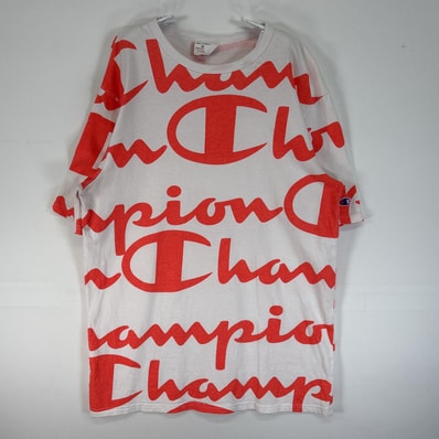 古着 チャンピオン Champion 半袖Tシャツ 肉厚 ロゴ クルーネック LARGE ホワイト 総柄 メンズ