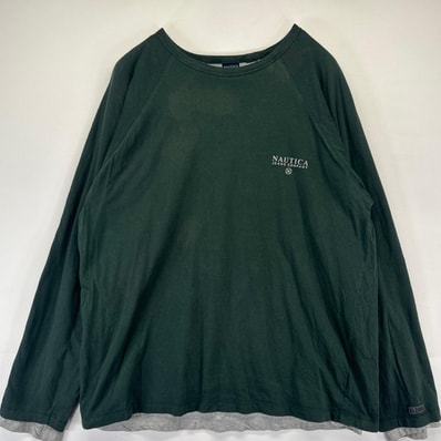 古着 ノーティカ NAUTICA 長袖Tシャツ クルーネック ワンポイントロゴ フェイクレイヤード ダブルフェイス 2XL グリーン系 メンズ