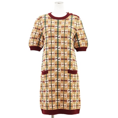 【未使用】GUCCI グッチ ニットワンピース GGスプリーム ジャガード ショルダーゴールドボタン ウィンドウペン ウール100% ミドルゲージ クルーネック ショートスリーブ 丸首 半袖 ドレス タグ付属 レディース M キャメル バーガンディ イタリア製