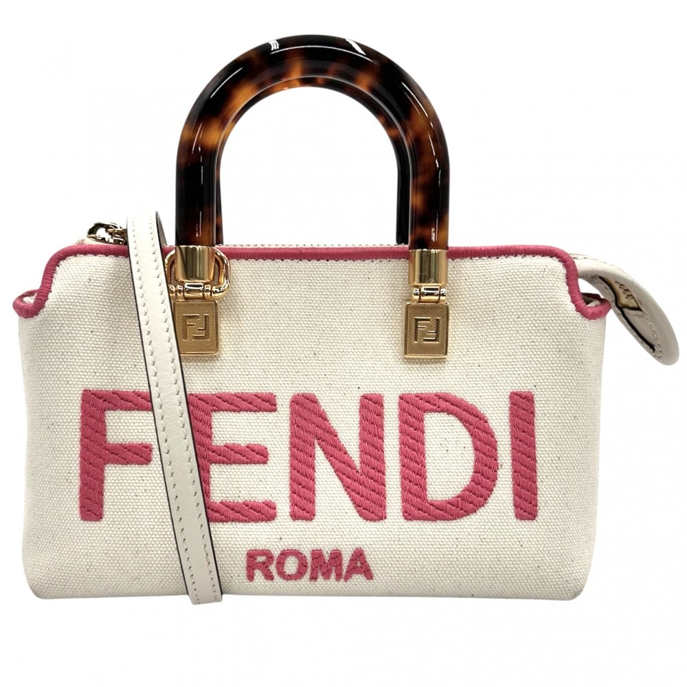 FENDI フェンディ 2WAY バイザウェイミニ ハンドバッグ ショルダーバッグ 肩掛け 斜め掛け 小さめ 鞄 かばん 8BS067 キャンバス  レザー   アイボリー ピンク ゴールド金具 レディース 美品【中古品】