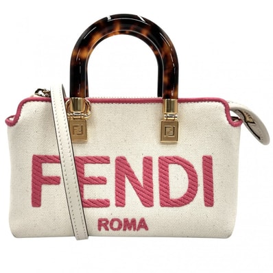 FENDI フェンディ 2WAY バイザウェイミニ ハンドバッグ ショルダーバッグ 肩掛け 斜め掛け 小さめ 鞄 かばん 8BS067 キャンバス レザー アイボリー ピンク ゴールド金具 レディース 美品【中古品】