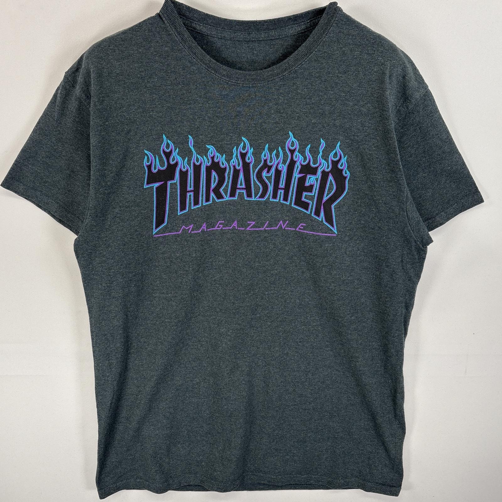 古着 スラッシャー THRASHER 半袖Tシャツ ロゴラバープリント ファイヤーデザイン スケボー  グレー メンズ