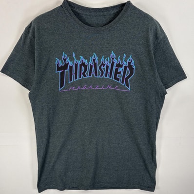 古着 スラッシャー THRASHER 半袖Tシャツ ロゴラバープリント ファイヤーデザイン スケボー グレー メンズ
