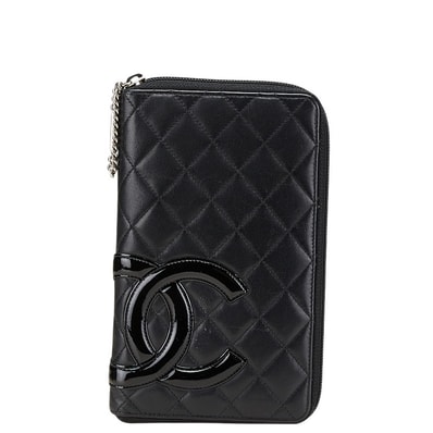 シャネル カンボンライン ココマーク 長財布 ラウンドファスナー ブラック ラムスキン エナメル レディース CHANEL 【中古】
