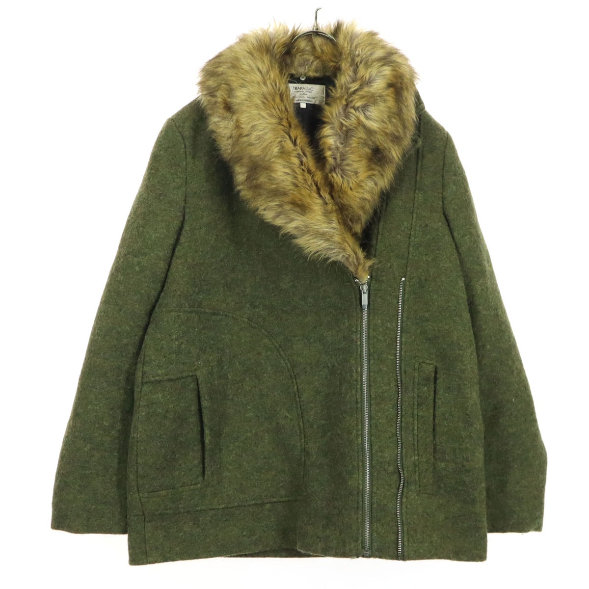 美品 ZARA ザラ ジップアップ ウールジャケット L カーキ ファー襟取り外し可