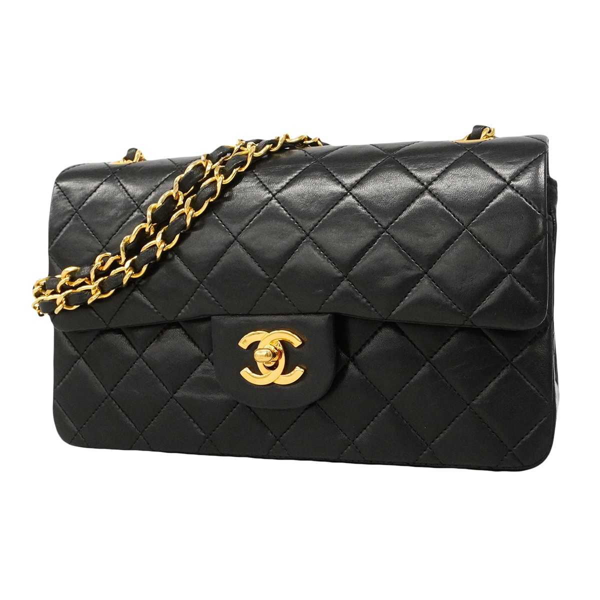 【6gd4934】シャネル ショルダーバッグ マトラッセ Wフラップ Wチェーン ラムスキン ブラック ゴールド金具【中古】レディース