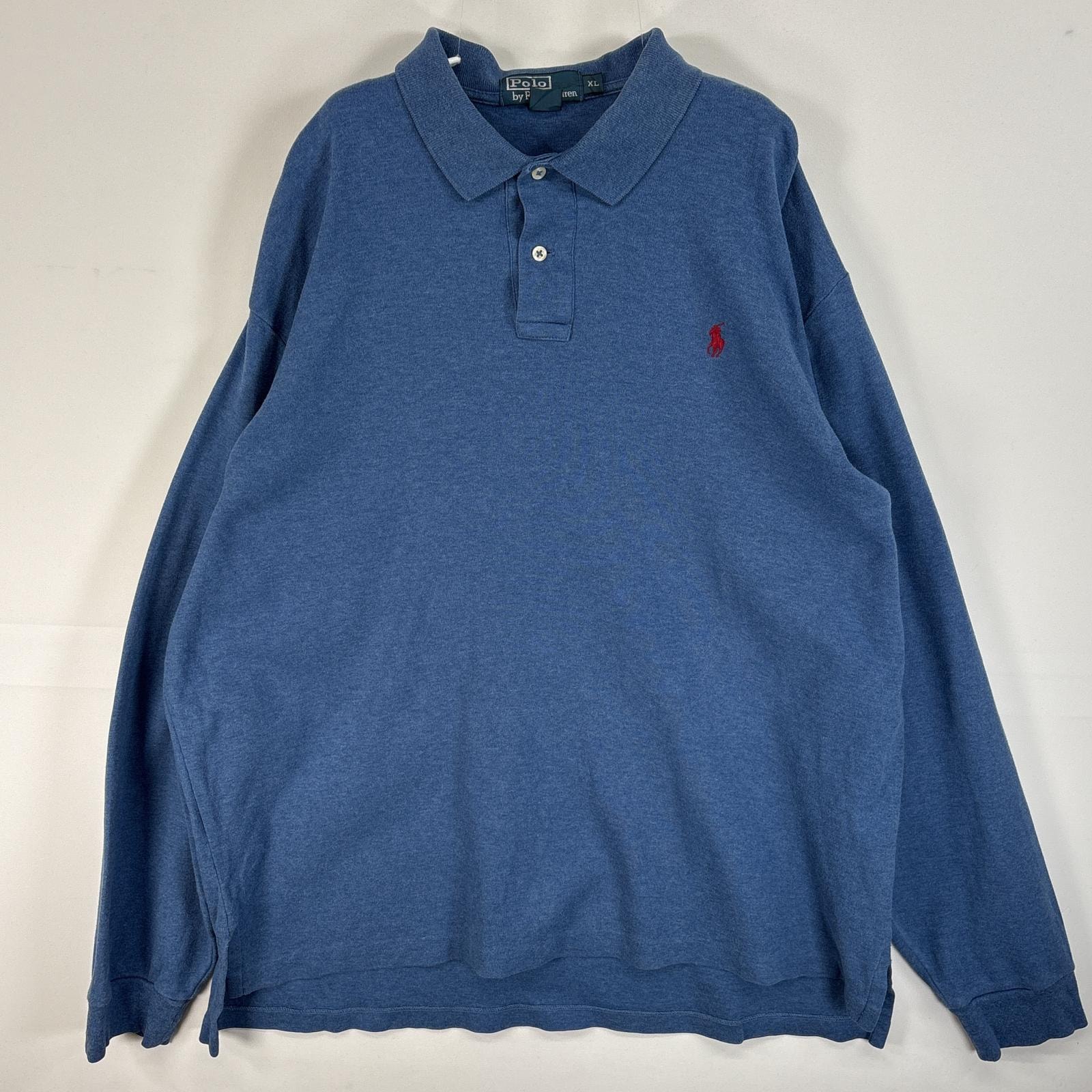 古着 90's/90年代 ポロバイラルフローレン Polo by Ralph Lauren 長袖 ポロシャツ ロゴ 刺繍 大きいサイズ 2ボタン XL  ブルー 無地 メンズ