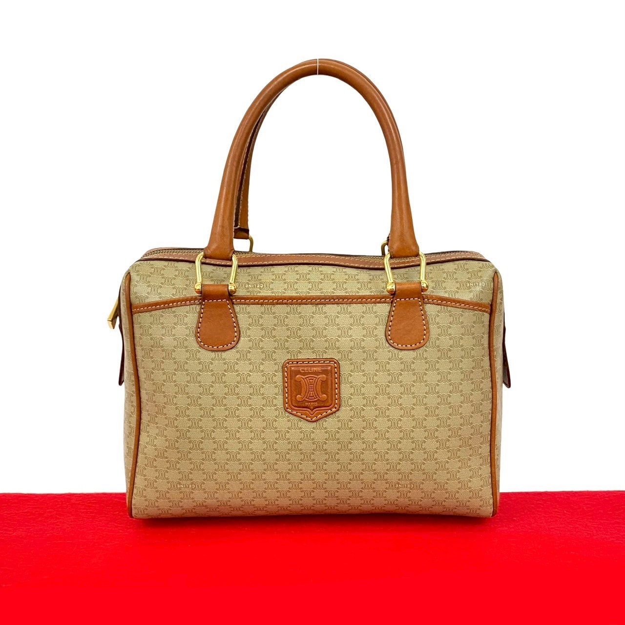 CELINE セリーヌ マカダム 柄 トリオンフ ロゴ レザー PVC ハンドバッグ ベージュ
27761