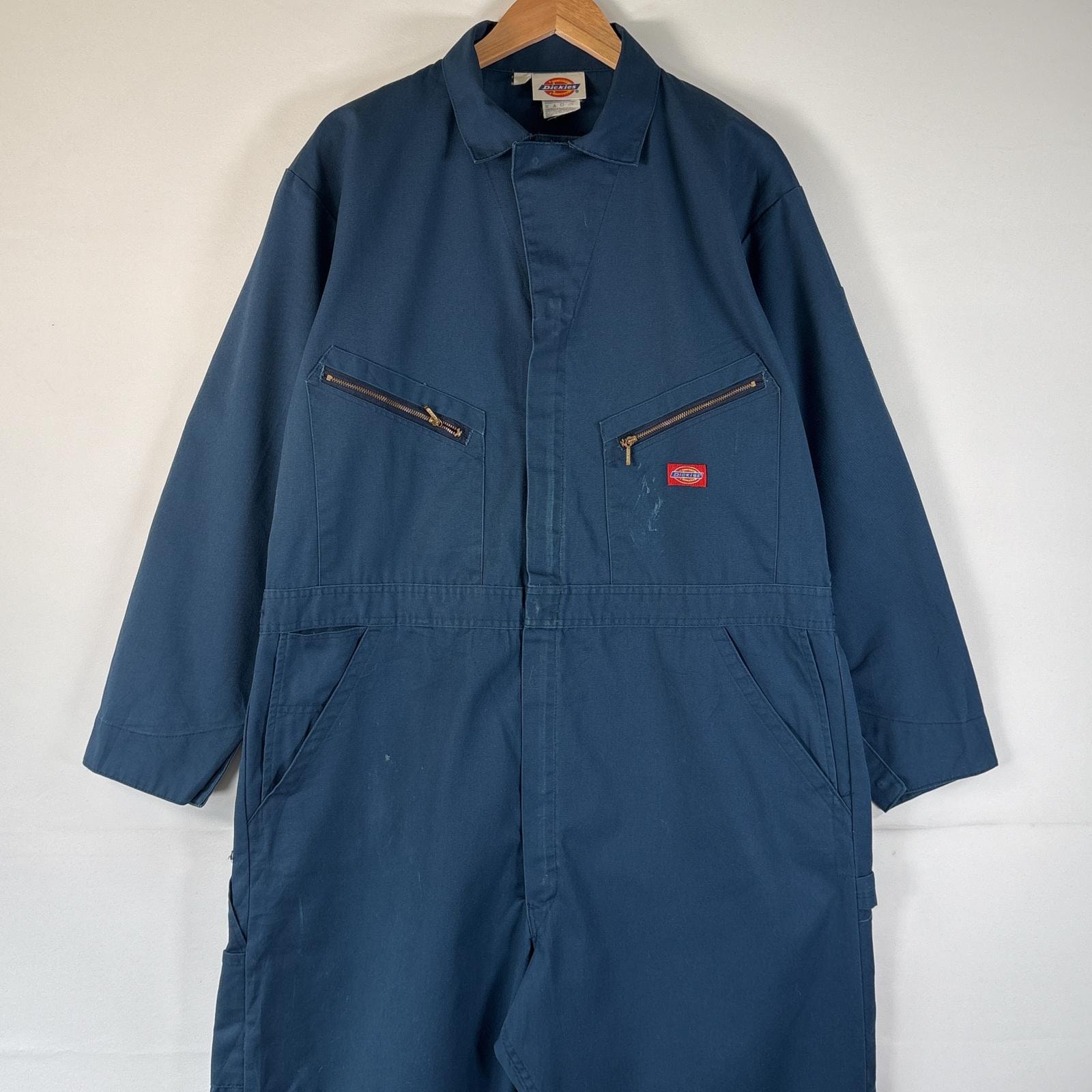 古着 ディッキーズ Dickies 長袖つなぎ オールインワン ワーク 作業着 大きいサイズ タロンジップ ワンポイントロゴ  ブルー系 メンズ