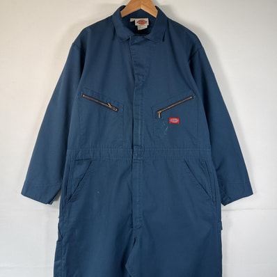 古着 ディッキーズ Dickies 長袖つなぎ オールインワン ワーク 作業着 大きいサイズ タロンジップ ワンポイントロゴ ブルー系 メンズ