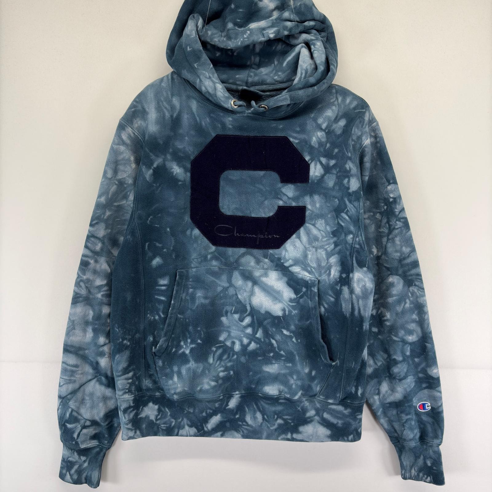古着 チャンピオン Champion スウェット ワンポイントロゴ リバースウィーブ 裏起毛 パーカー タイダイ柄 ブリーチ S  ネイビー メンズ