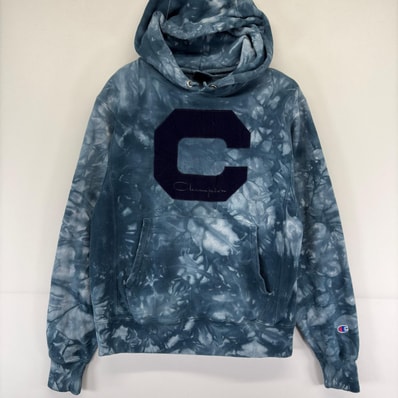 古着 チャンピオン Champion スウェット ワンポイントロゴ リバースウィーブ 裏起毛 パーカー タイダイ柄 ブリーチ S ネイビー メンズ