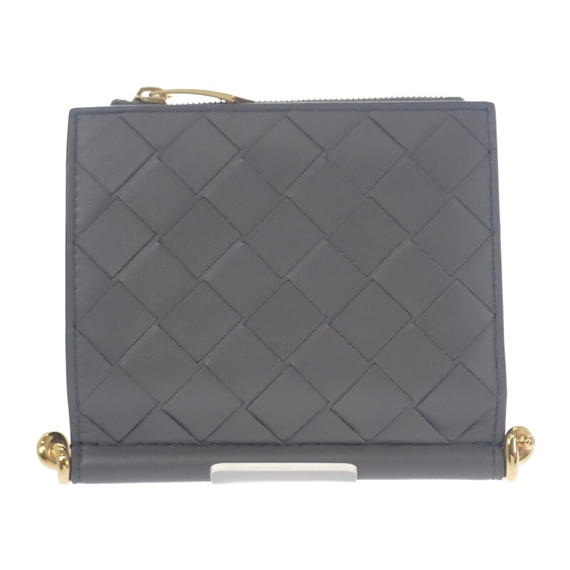 ボッテガヴェネタ BOTTEGA VENETA ソルスティス スモール 788055 二つ折り財布 イントレチャート グレー ゴールド金具 メンズ レディース【中古】【Aランク】