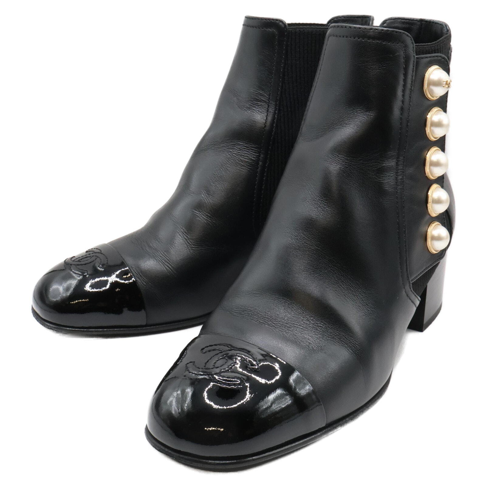 シャネル 美品 G46791 イミテーションパール サイドゴア ブーツ 37C