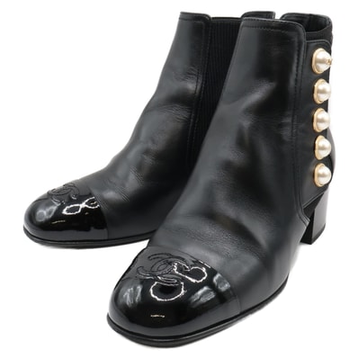 シャネル 美品 G46791 イミテーションパール サイドゴア ブーツ 37C