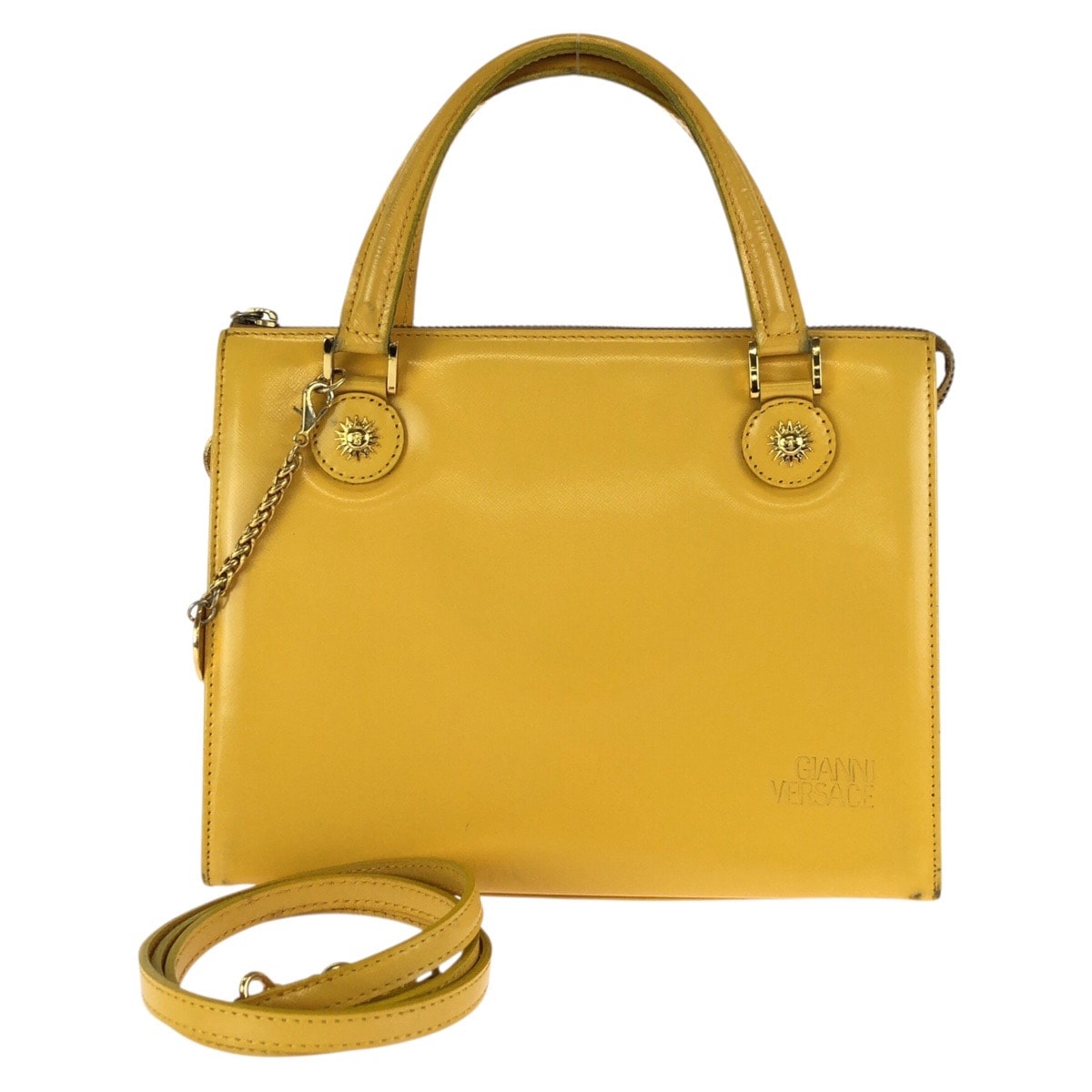美品 VERSACE ヴェルサーチ ヴィンテージ サンバースト 2way イエロー ゴールド金具 レザー ハンドバッグ ショルダーバッグ 602466 【中古】