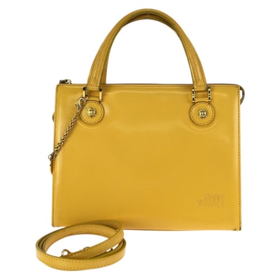 美品 VERSACE ヴェルサーチ ヴィンテージ サンバースト 2way イエロー ゴールド金具 レザー ハンドバッグ ショルダーバッグ 602466 【中古】