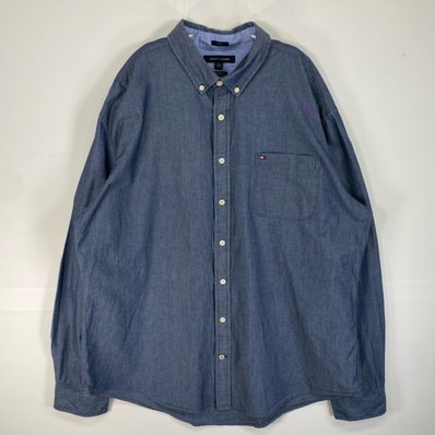 古着 トミーヒルフィガー TOMMY HILFIGER 長袖シャツ ロゴ 刺繍 ボタンダウン INDIGO 2XL ブルー系 無地 メンズ