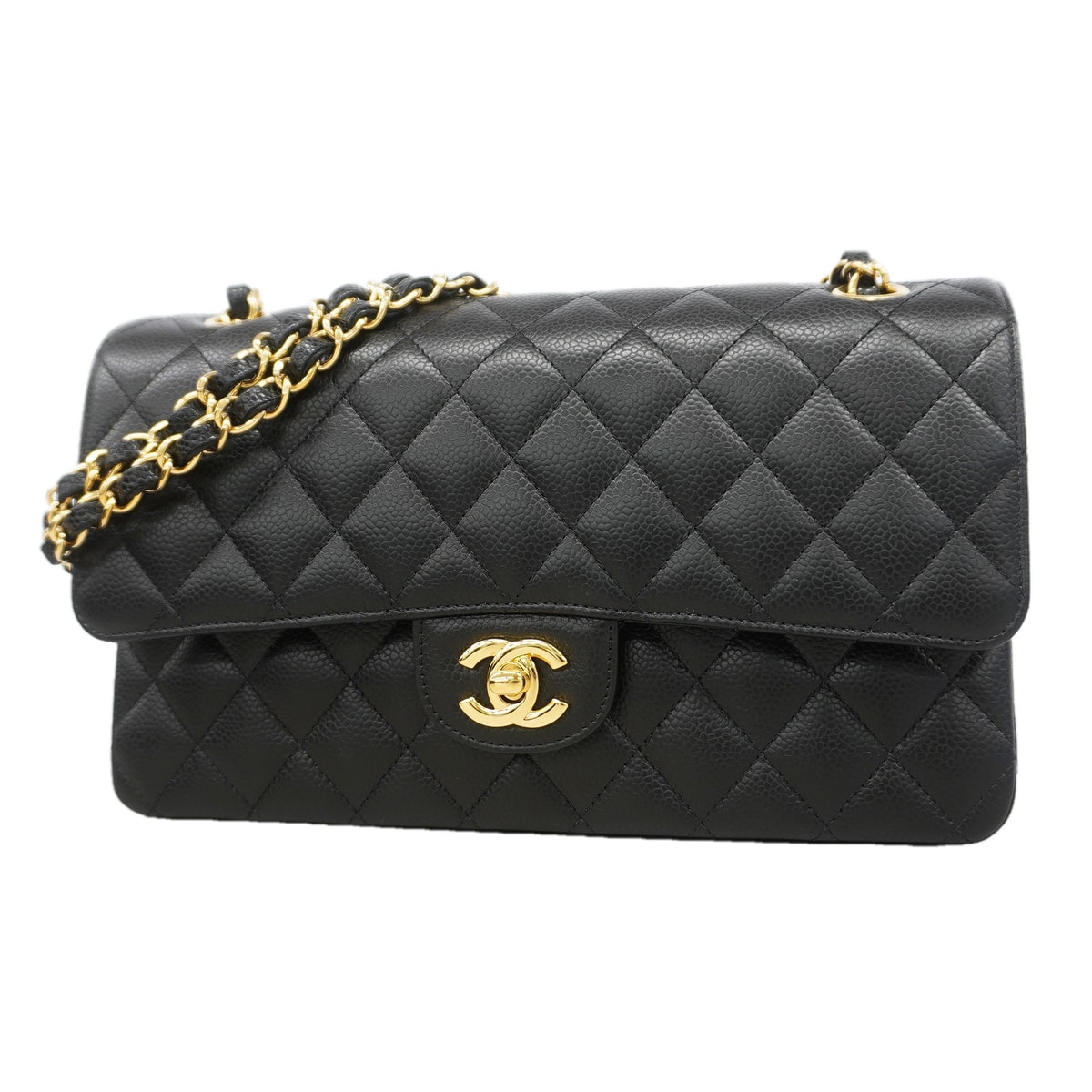 ★SALE【6ka0298】シャネル ショルダーバッグ マトラッセ Wフラップ Wチェーン キャビアスキン ブラック ゴールド金具【中古】レディース