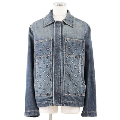 未使用 ルイ・ヴィトン 2023AW デニムカバーオール ジップアップ モノグラムエンボス ヴィンテージ加工 ユーズドウォッシュ ジャケット メンズ ウォッシュドインディゴ 50 LOUIS VUITTON