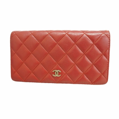 【6ia0684-k】シャネル 長財布 マトラッセ ラムスキン レッド シルバー金具【中古】レディース