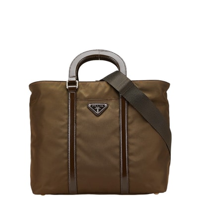 プラダ 三角ロゴプレート ハンドバッグ ショルダーバッグ 2WAY BN1066 カーキ ブラウン ナイロン レザー レディース PRADA 【中古】