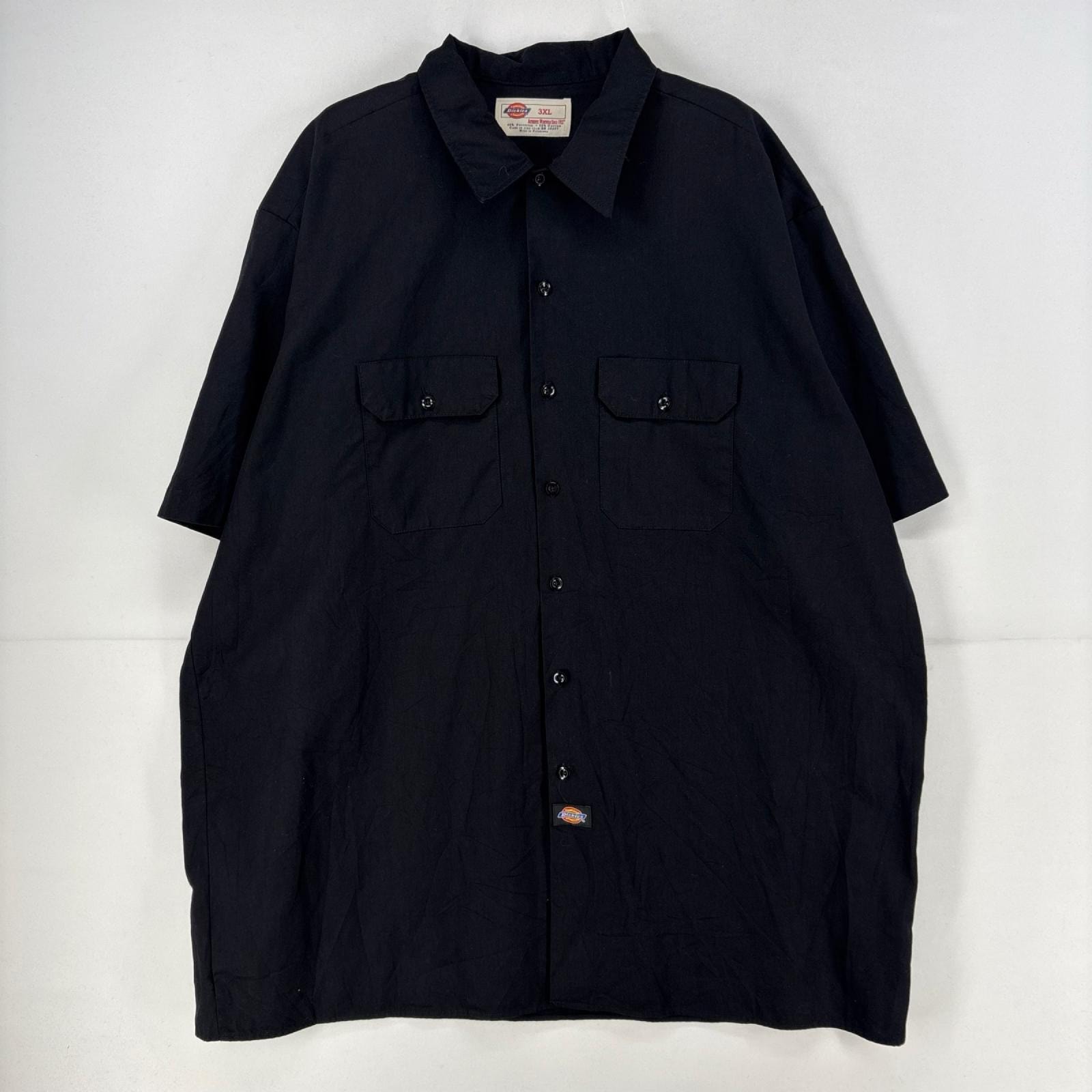 古着 ディッキーズ Dickies 半袖シャツ ワンポイント 胸ポケット ワークシャツ 作業着 大きいサイズ 3XL  ブラック メンズ