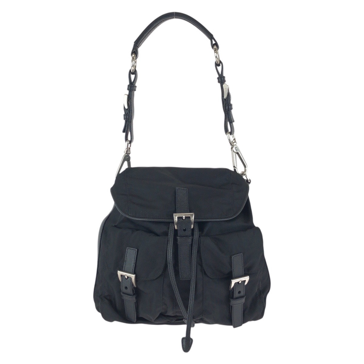 美品 PRADA プラダ テスート サフィアーノ 三角ロゴプレート ブラック 黒シルバー金具 ナイロン レザー/ ショルダーバッグ ポシェット 603142 【中古】