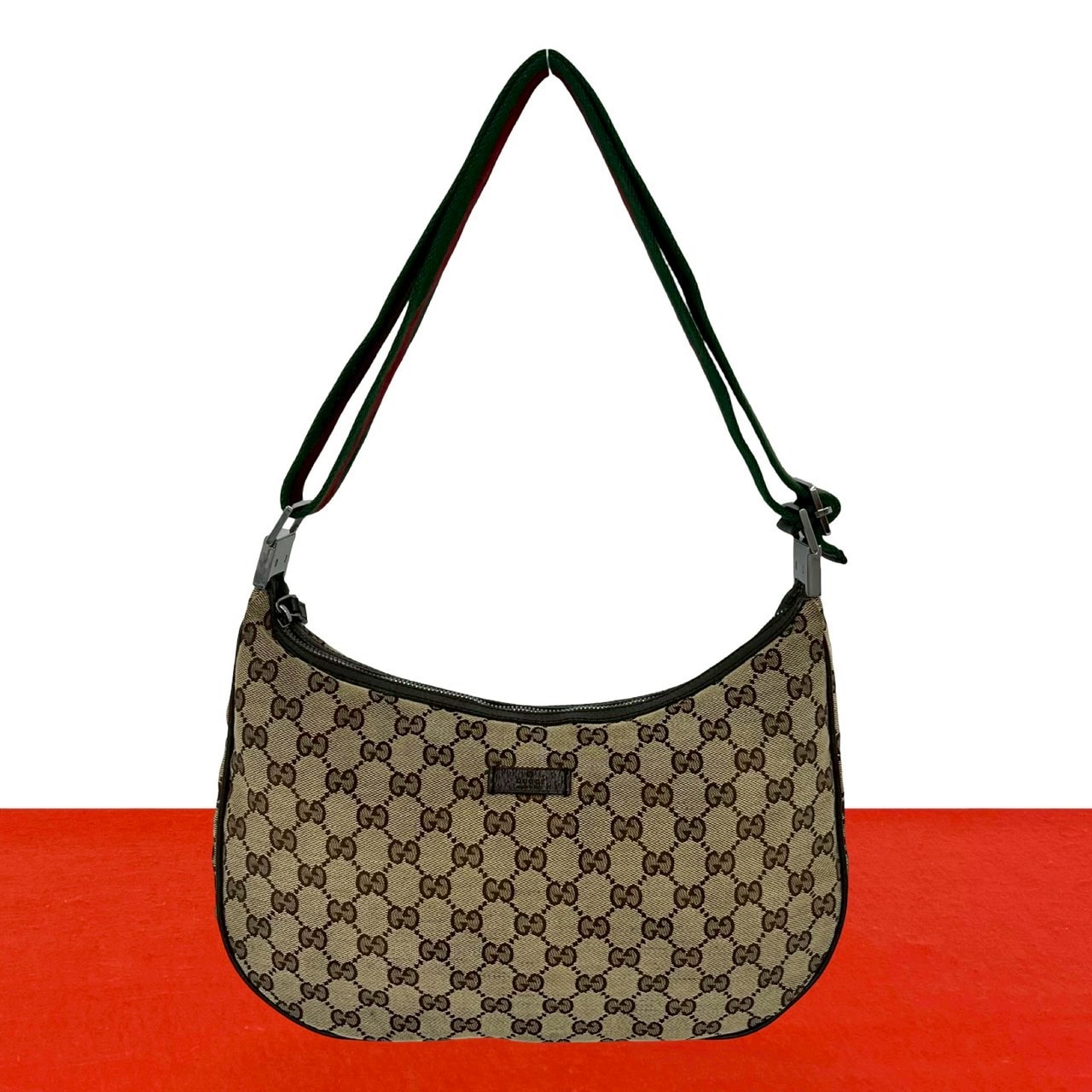 GUCCI グッチ シェリーライン GG ロゴ 柄 キャンバス レザー ショルダーバッグ ブラウン
 38866