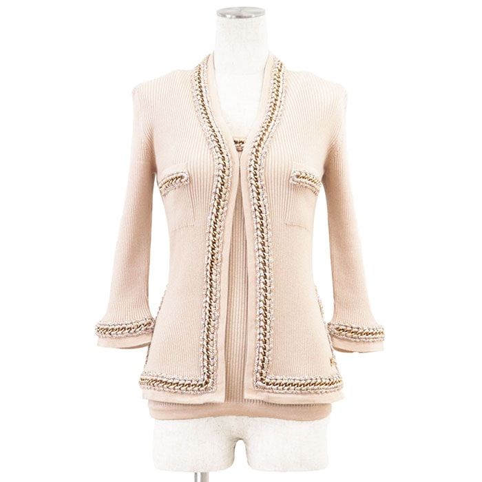 【美品】CHANEL シャネル アンサンブル ニット ツイード&ゴールドチェーン P38537 / P38540 2010年製 カシミヤ/コットン/シルク リブ メタリック チャーム カーディガン タンクトップ ドレス レディース 36 ピンクベージュ 伊製