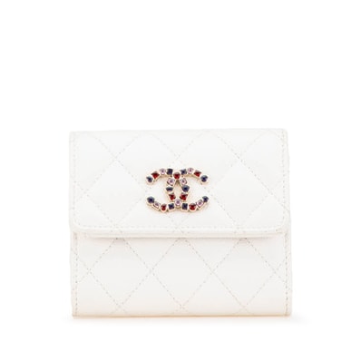 シャネル マトラッセ ココマーク ビジュー 三つ折り財布 AP3604 ホワイト キャビアスキン レディース CHANEL 【中古】