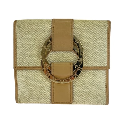 BVLGARI ブルガリ チャンドラ ベージュ ゴールド金具 ツイード レザー/ 折り財布 コンパクトウォレット 505744 【中古】