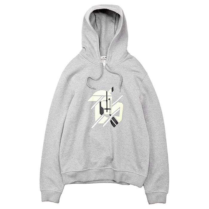 【美品】HERMES エルメス スウェット パーカー シュヴォー・アン・シンメトリー サイズ M メンズ 2023SS ホース レザーパッチ プルオーバー フーディー ロングスリーブ トップス グレー ライトイエロー 灰色 黄 イタリア製