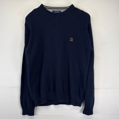 古着 トミーヒルフィガー TOMMY HILFIGER ニット 大きいサイズ セーター プルオーバー クルーネック ワンポイント XL ネイビー メンズ