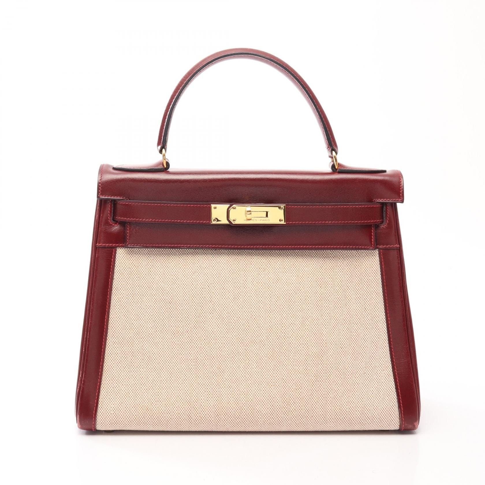 エルメス HERMES ケリー28 エクリュ/ルージュアッシュ ハンドバッグ バッグ トワルアッシュ/ボックスカーフ ボルドー ○K刻印(1981年製造) レディース ベージュ系 / ボルドー系 【中古】