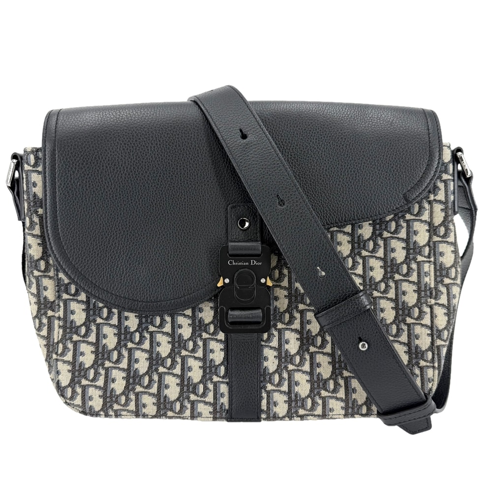 Christian Dior クリスチャンディオール ショルダーバッグ オブリーク Saddle フラップ付きメッセンジャーバッグ ミディアム 肩掛け 斜め掛け レザー  キャンバス   ブラック 黒 ベージュ シルバー金具 メンズ【中古品】