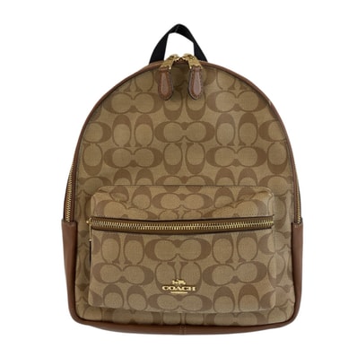 COACH コーチ チャーリー ベージュ ブラウン ゴールド金具 PVC レザー/ リュックサック バックパック 1-0296111 【中古】
