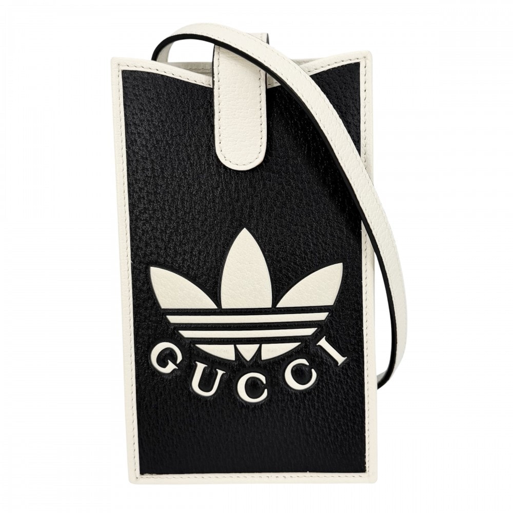 GUCCI グッチ ショルダーバッグ アディダスコラボ スマホショルダー フォンポーチ 肩掛け 斜め掛け adidas 702203 レザー ブラック 黒 ホワイト 白 ゴールド金具 レディース 美品【中古品】