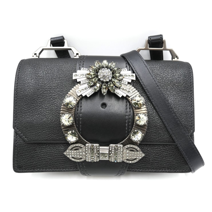 MIU MIU(ミュウミュウ)ビジュー ショルダーバッグ ブラック レザー クリスタル レディース 2WAY ハンドバッグ 【中古】