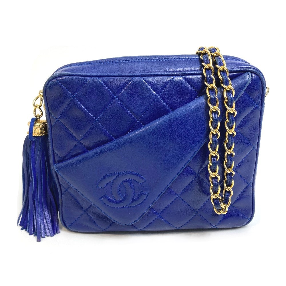 シャネル CHANEL マトラッセ フリンジ ココマーク CC カバン 肩掛け ショルダーバッグ ラムスキン ブルー