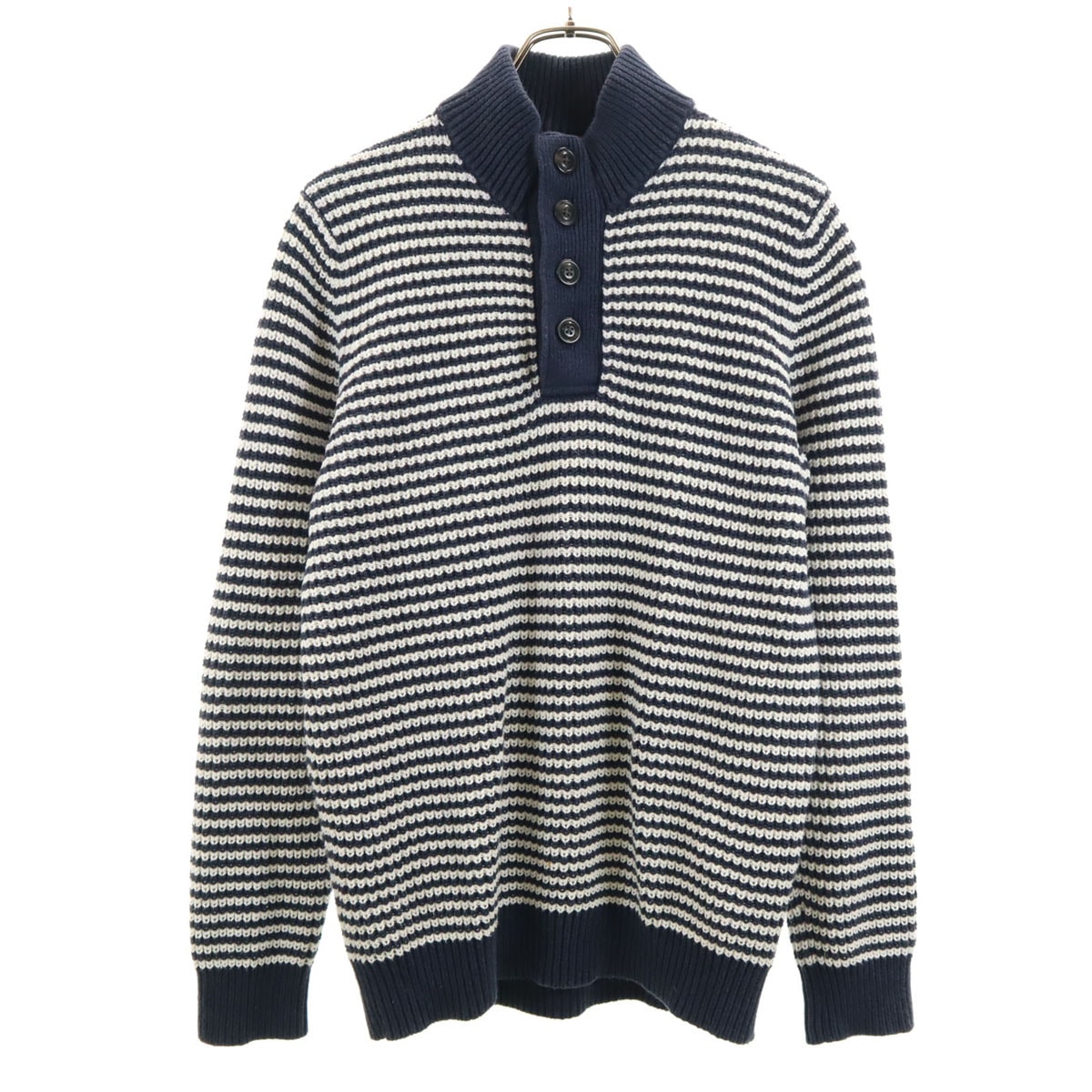 TOMMY HILFIGER トミーヒルフィガー リネンブレンド ボーダー柄 長袖 ヘンリーネック ニット L ネイビー
