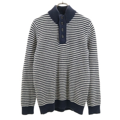 TOMMY HILFIGER トミーヒルフィガー リネンブレンド ボーダー柄 長袖 ヘンリーネック ニット L ネイビー
