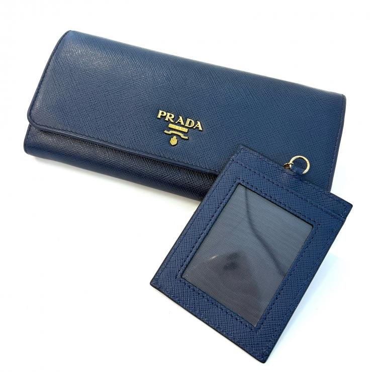プラダ PRADA 長財布 サフィアノ ネイビー ゴールド金具 パスケース付  【鑑定済み】正規品