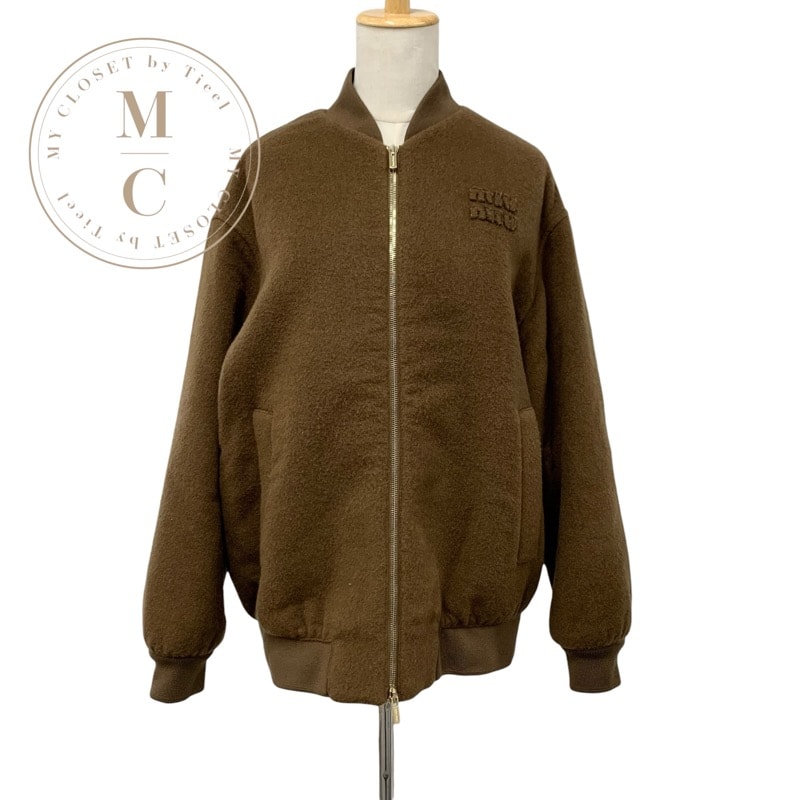 ミュウミュウ MIUMIU アウター バージンウール ダブルベロア ブルゾンジャケット ロゴ ブラウン