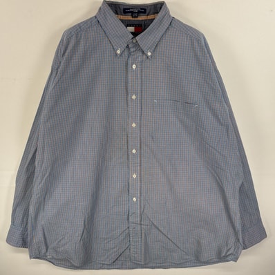 古着 90's/90年代 トミーヒルフィガー TOMMY HILFIGER 長袖シャツ ボタンダウンシャツ フラッグタグ 胸ポケ 17 1/2 XL-2XL 水色系 チェック メンズ