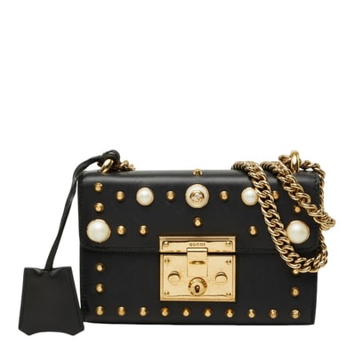 グッチ パドロック スタッズ チェーン ショルダーバッグ 432182 ブラック ゴールド レザー フェイクパール レディース GUCCI 中古