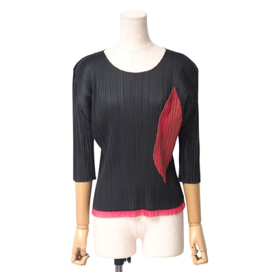 ■美品■PLEATS PLEASE ISSEY MIYAKE プリーツプリーズ イッセイミヤケ カットソー サイズ3 プリーツ 葉 ラウンドネック 五分袖 ブランド古着【中古】20250611/RA5135